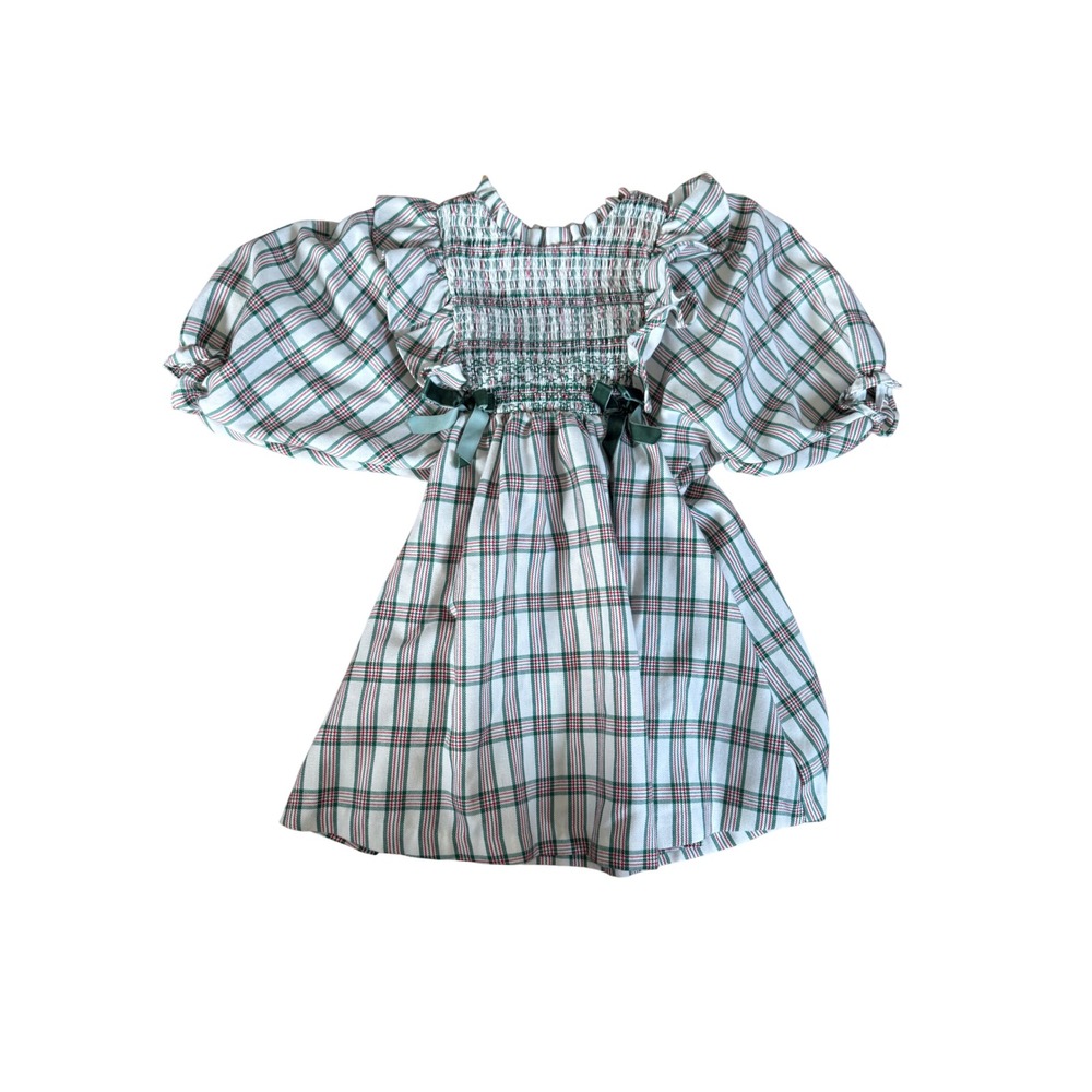 Bonnie Jean Girls Green Red Plaid Smocked Puff Sleeve Holiday Dress Size 5